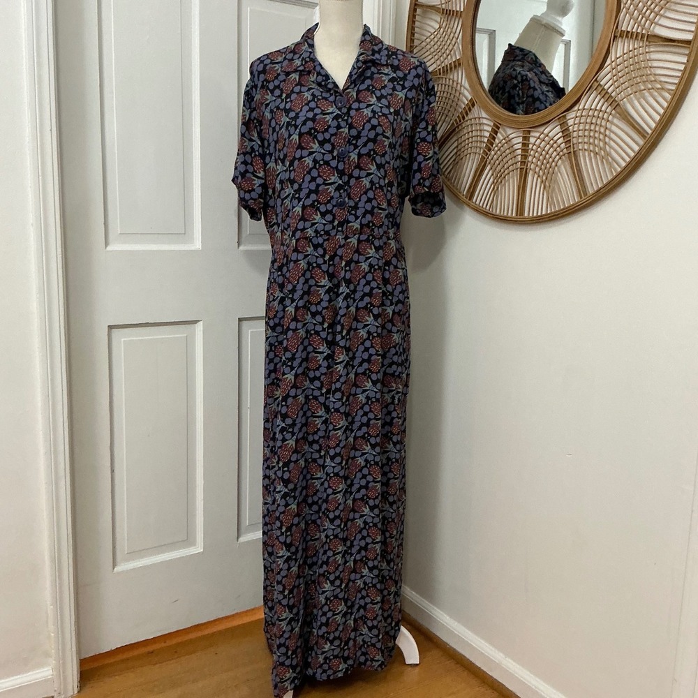 Flax Purple Flora Maxi Dress L Button Front Pockets 90s Botanical Art Vintage